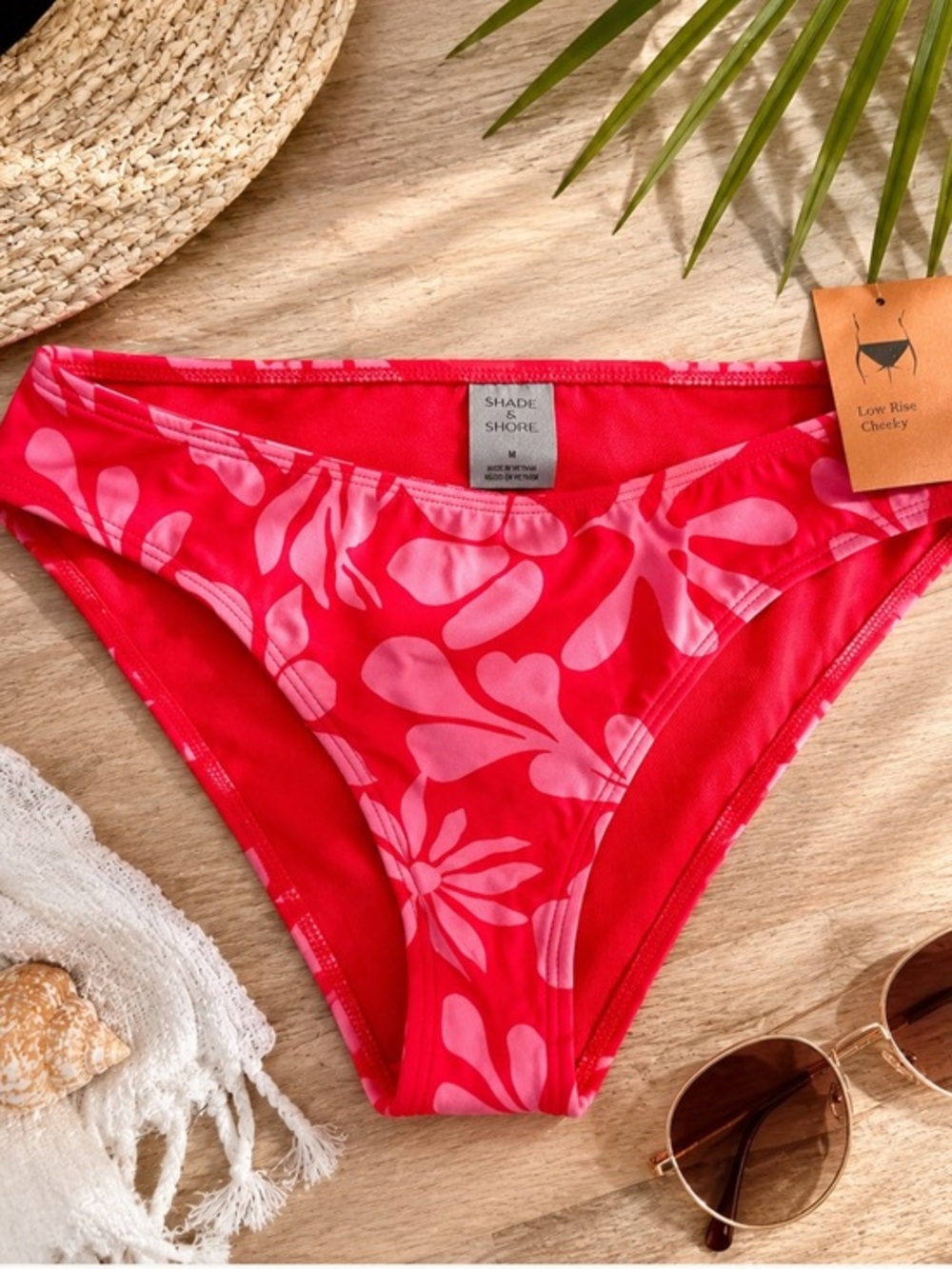 Shade & Shore Pink Floral Low Rise Cheeky Bikini Bottom M